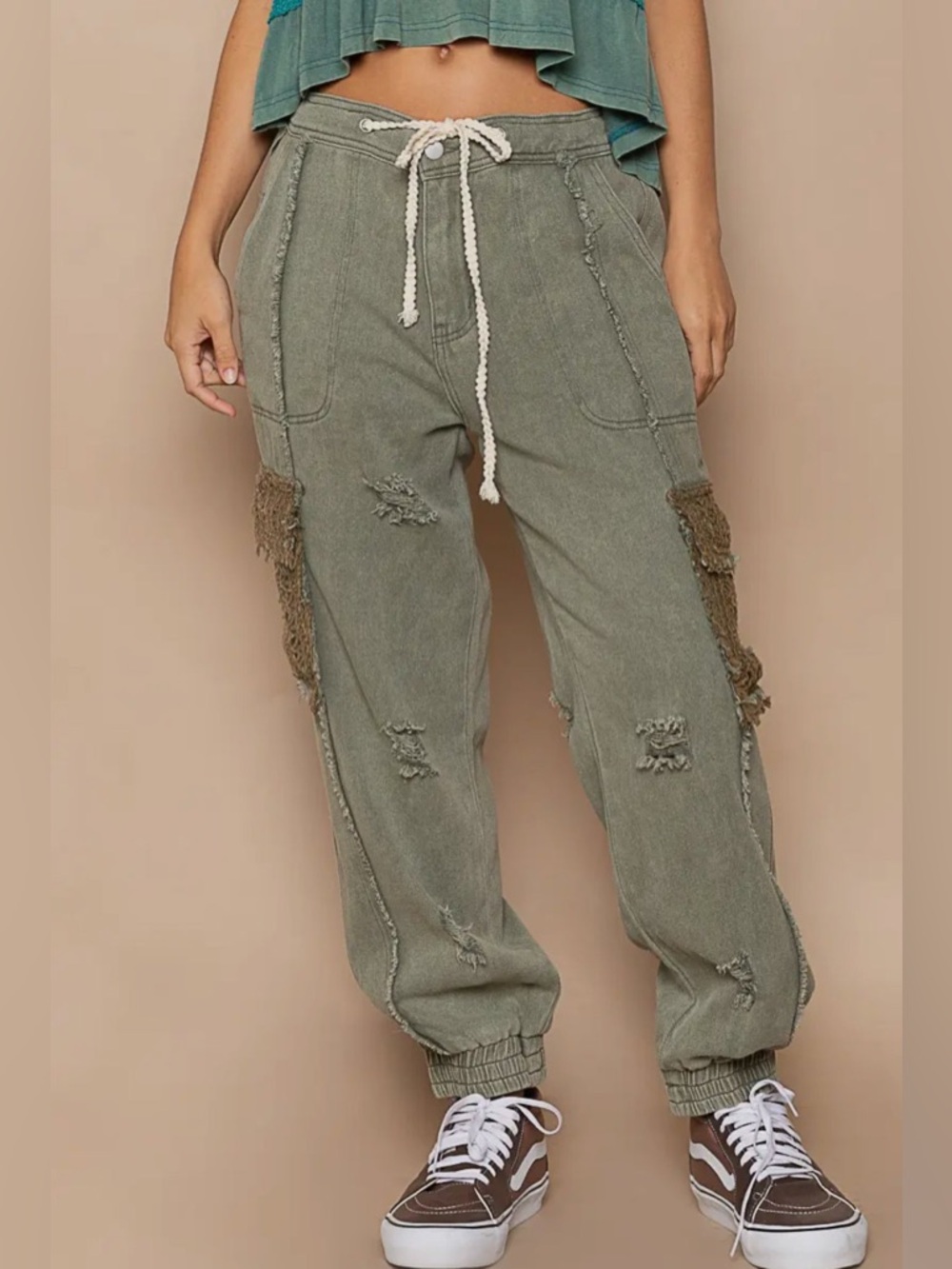 POL Olive Green Distressed Drawstring Jogger Pants